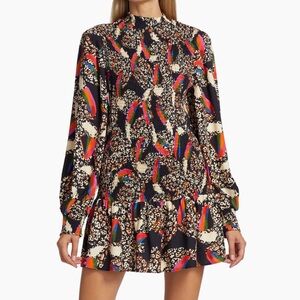 FARM RIO Black Long Sleeve Leopard Toucan Smocked Mini Dress